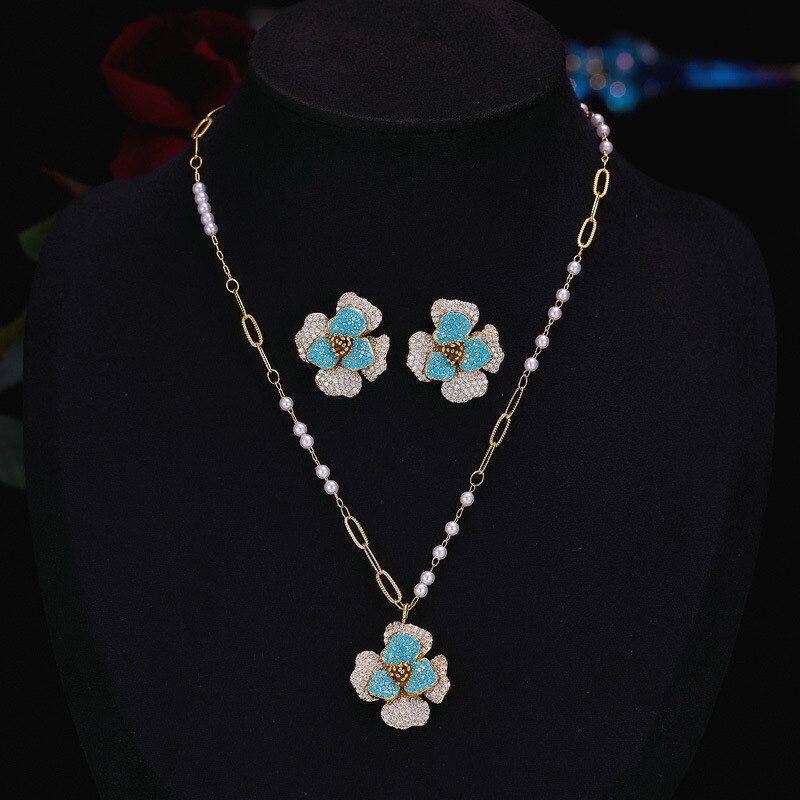 花朵优雅小项链配饰香风耳环套装山茶花锆石精致首饰服装闪耀耳钉