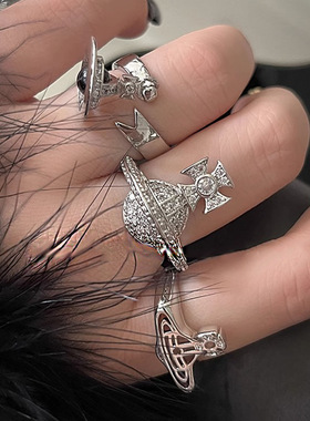 西太后朋克风镶钻甜酷开口戒指女土星立体冷淡风小众个性潮流指环