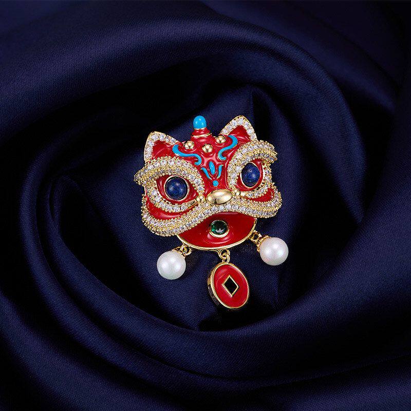 别针醒狮高档配饰红色西装苏微复古胸花锆石胸针新年礼物镶国潮流