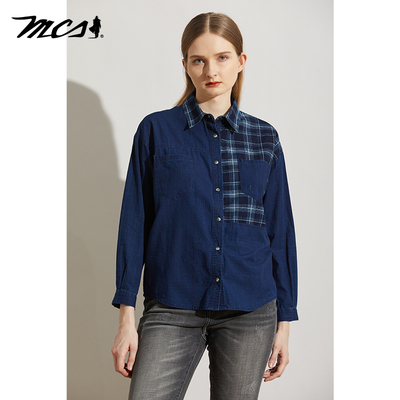 MCS松身版衬衫女士百搭休闲牛仔复古做旧拼接长袖衬衣CW22WH020W