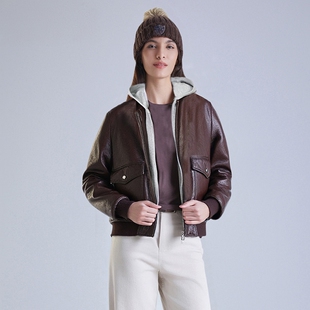 MCS女合身版 CW25WJ745W 绵羊皮羽绒外套保暖翻领复古复古皮衣冬款