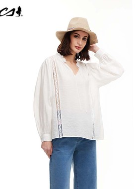 MCS松身版衬衫女士百搭休闲纯色简约透气拼接长袖衬衣CS22WH013W