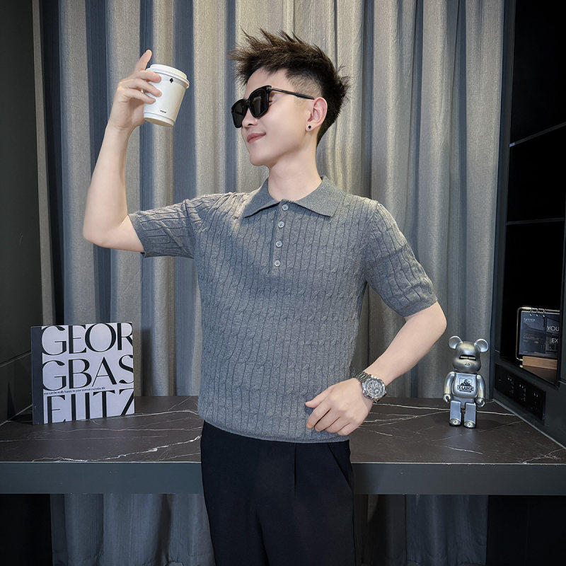 小码针织短袖T恤男夏季纯色百搭排扣POLO衫翻领半袖矮个子XS155潮