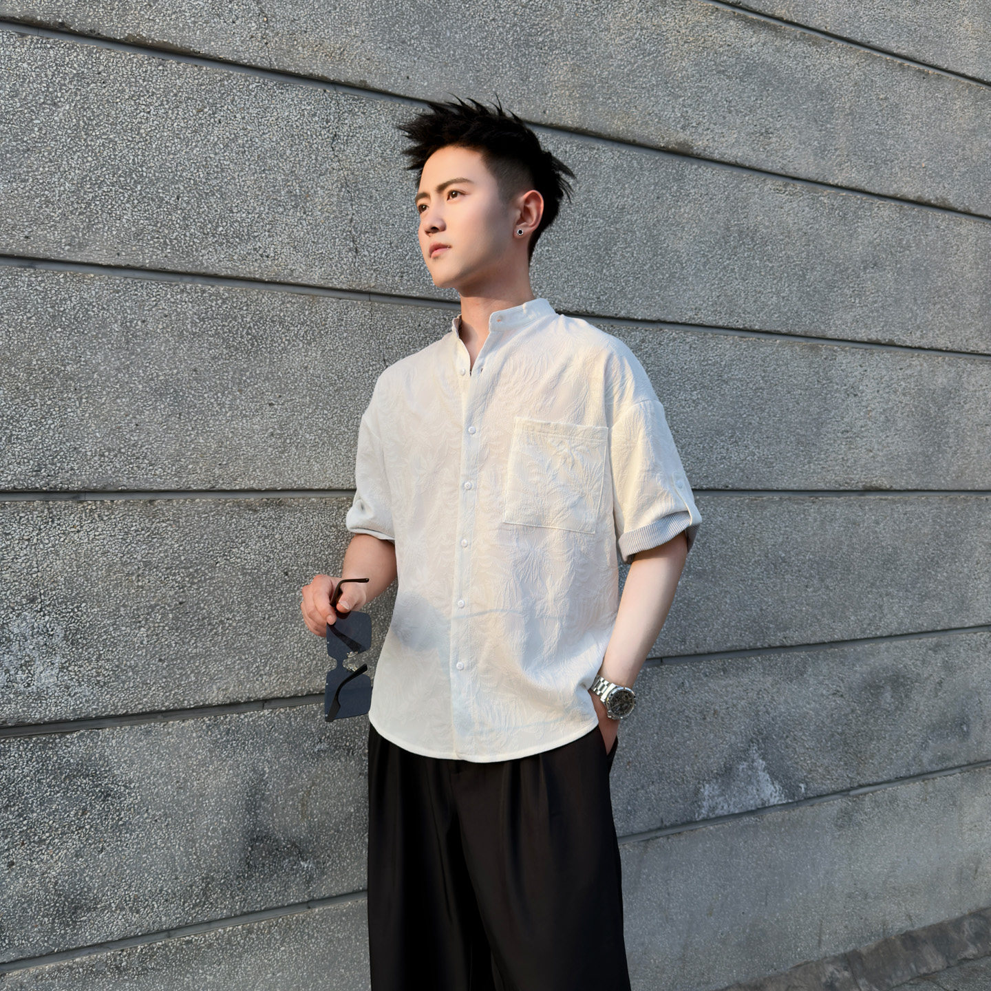 矮个子小码男士立领五分袖衬衫