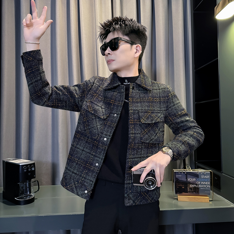 XS155矮个子潮流格子毛呢外套男