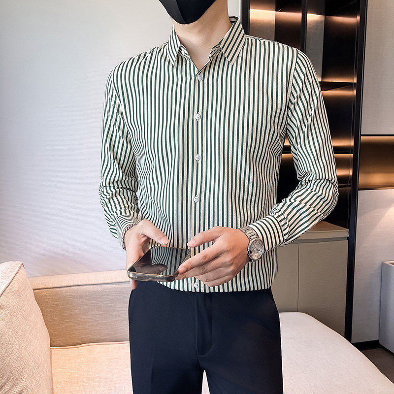 春季潮流小码男修身条纹长袖衬衫