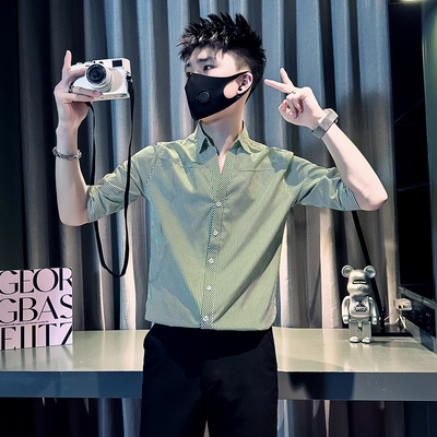 155矮小个子V领条纹衬衫男夏季薄款修身中袖衬衣XS号小码男装寸衫