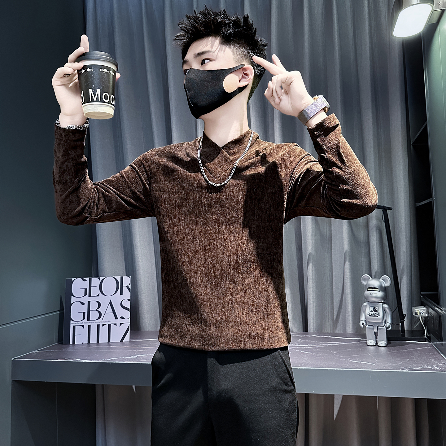 小码V领长袖T恤男修身打底衫155矮小个子上衣XS号纯色潮流内搭T恤