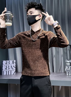 小码V领长袖T恤男修身打底衫155矮小个子上衣XS号纯色潮流内搭T恤