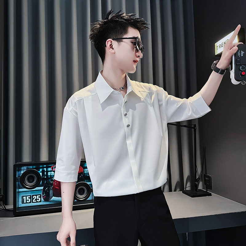 小码男装夏季潮流五分袖衬衫XS号修身寸衫纯色百搭上衣矮个子衬衣