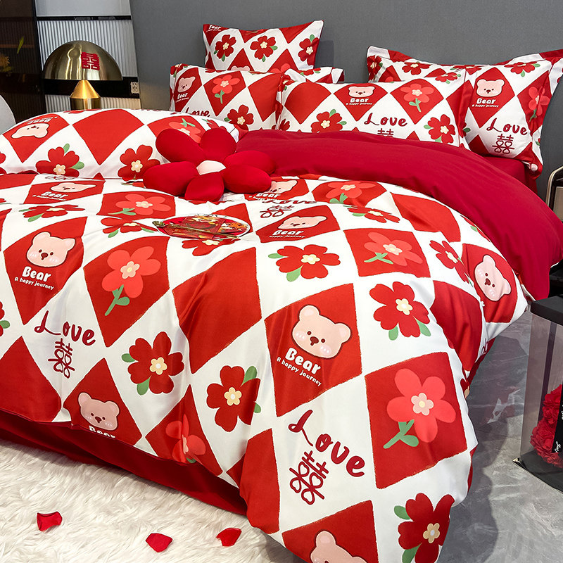 INS STYLE WEDDING FOUR-PIECE WEDDING BEDDING THICKENED RED QUILT COVER BED SHEETS NEWLYWED ROOM HAPPY TO BE MARRIED 4