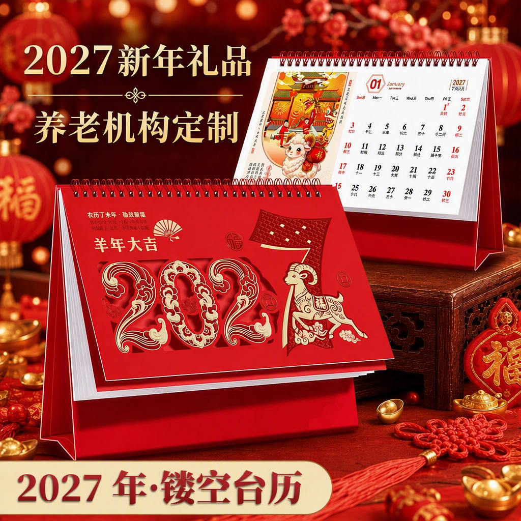 2027羊年红色镂空大格子家用台历图片