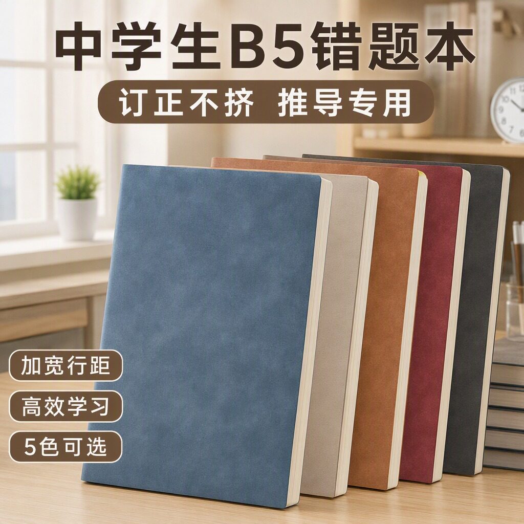 中学生B5错题本宽行距护眼笔记本本子简约风文具加厚羊巴软皮数理化大题公式推导订正记录本理科生考前复习本