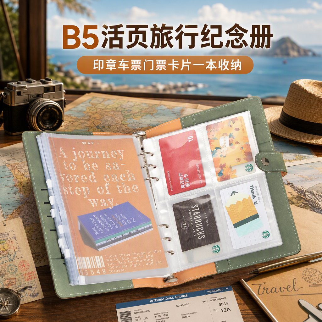 B5活页旅行纪念册旅游手账日记本皮质多功能车票门票卡片票据收纳收藏册多卡位大容量可盖章手账照片收纳包