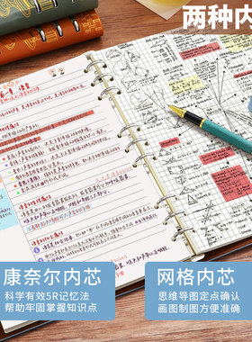 康奈尔5r记忆法笔记本本子2026年新款活页本大学生考研法考网格本大号加厚可拆卸方格活页纸初中生国潮不咯手