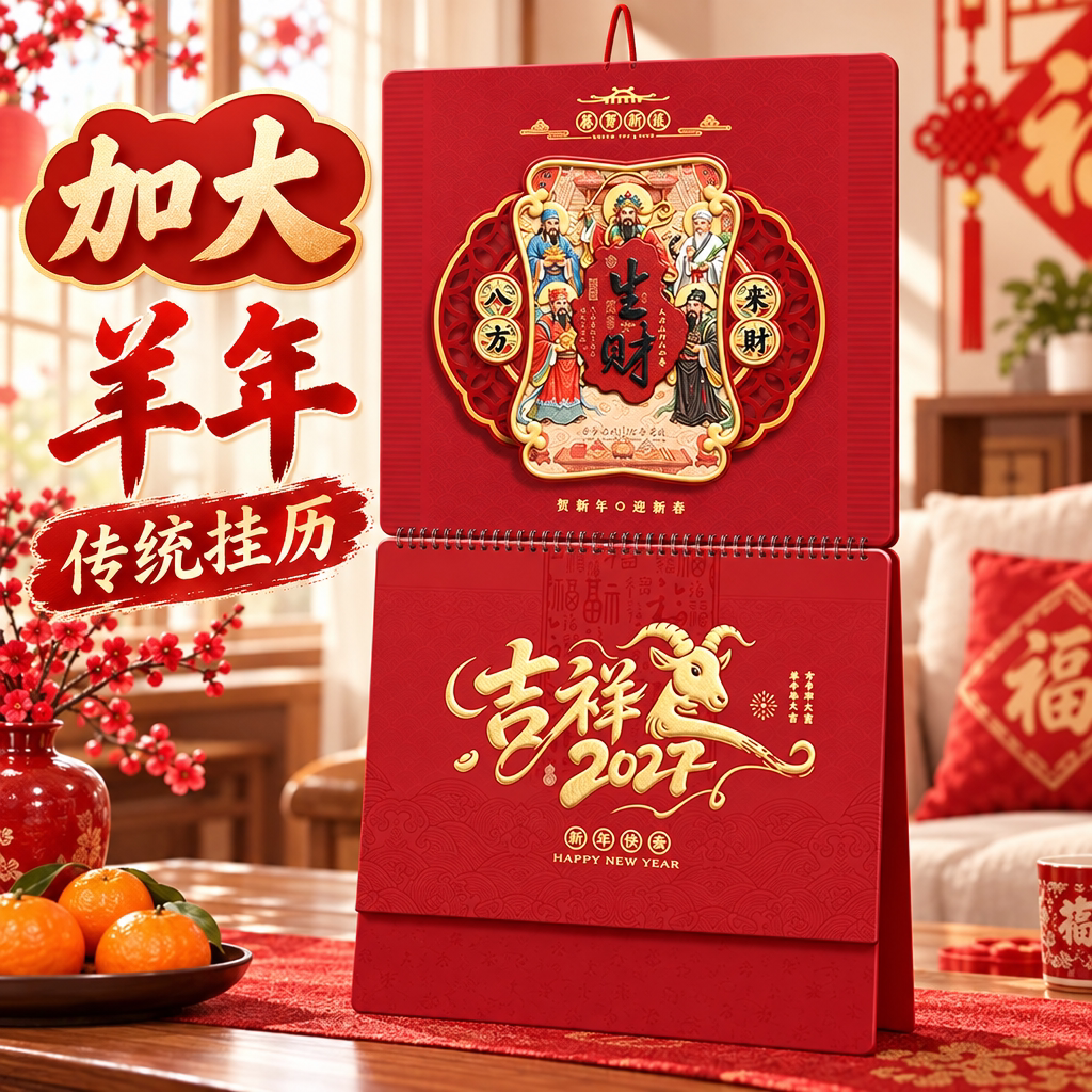 2027年加大羊年传统挂历红色喜庆年画家用挂墙式月历高颜值大格子打卡日历记事本商务风新春礼品企业定制logo