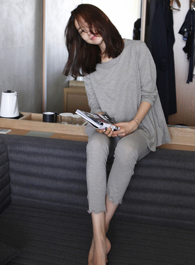 莫代尔睡衣女春秋季长袖薄款韩版宽松大码家居服胖mm孕妇休闲套装