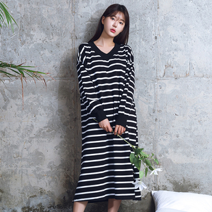 睡裙女秋春冬季纯棉带胸垫大码条纹长款睡衣韩版休闲胖mm家居服