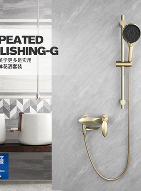 万忠全铜轻奢拉丝金浴室二档浴缸龙头混水阀分体简易淋浴花洒套装