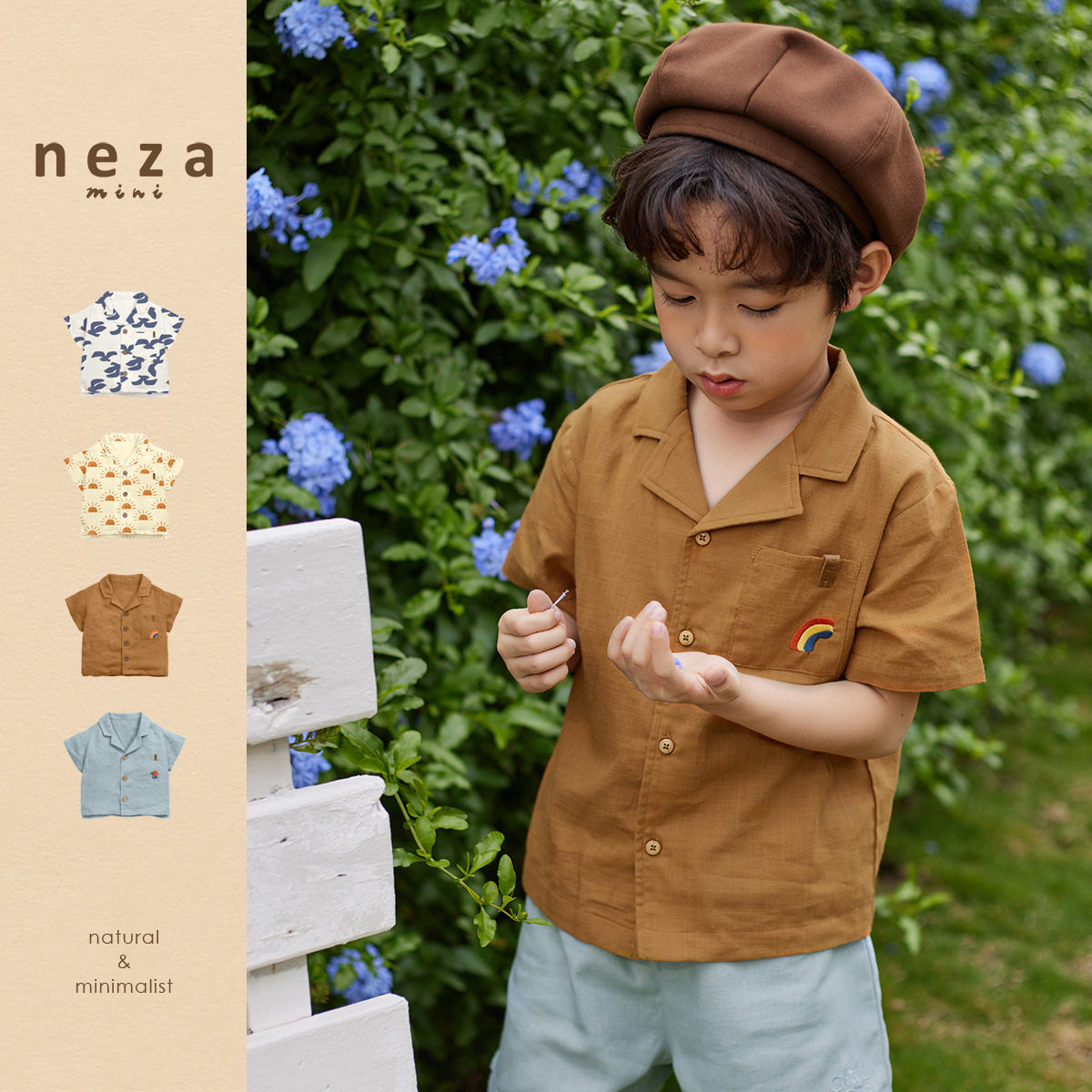 minizone纯棉夏季儿童短袖衬衫