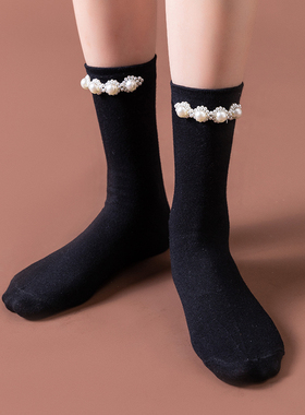 潮牌设计师珍珠袜子长筒袜女复古小腿袜纯棉黑色瘦腿JK四季款女袜