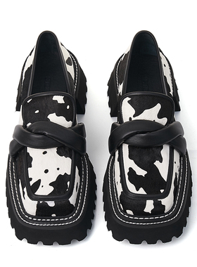 断码清仓258包邮真皮马毛方头奶牛纹单鞋女2022新款厚底乐福鞋女