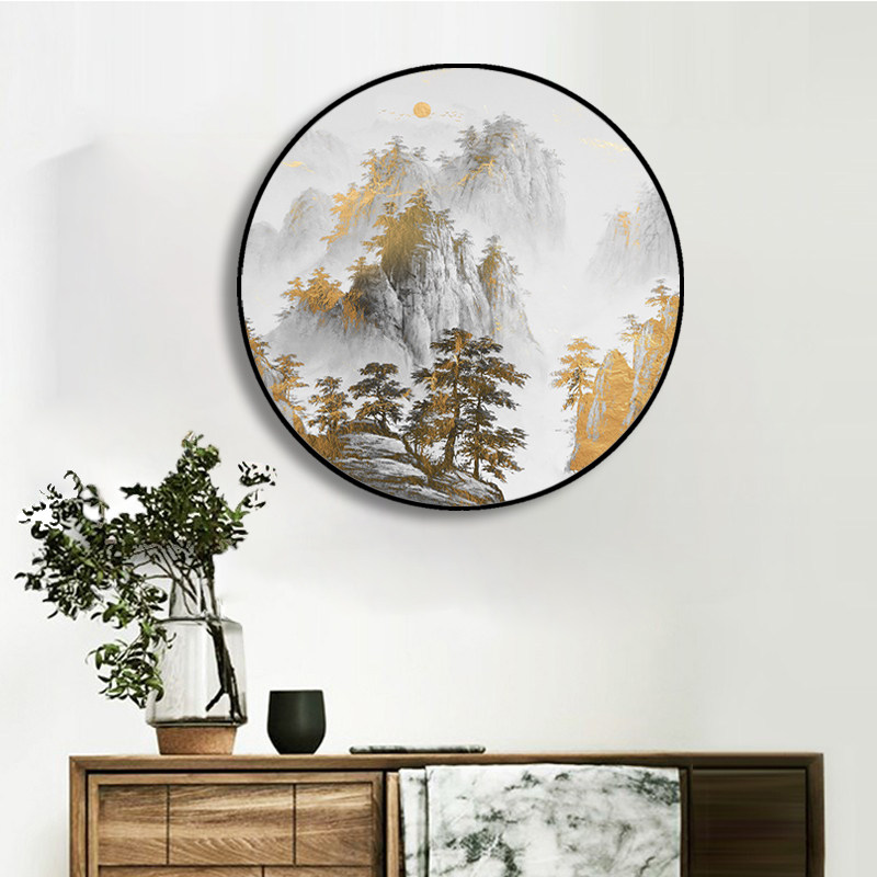 新中式山水画圆形框玄关装饰画饭厅挂画沙发背景墙壁画卧室走廊