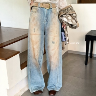欧洲站2025冬季复古做旧晕染宽松阔腿牛仔裤美式加绒直筒弯刀长裤