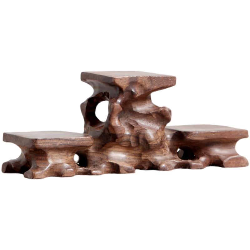 中高两低小根雕底座实木中式小工艺品摆件架茶杯木托展示架