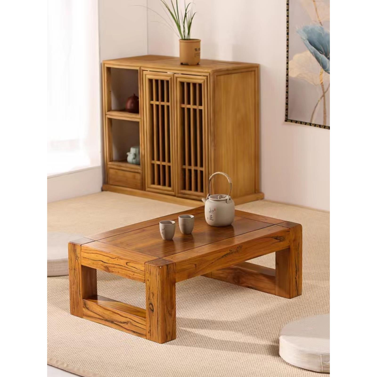 老榆木榻榻米茶几实木炕桌飘窗小茶几新中式国学禅意茶桌小矮桌子