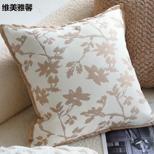 米色中古靠枕床头靠垫 棕色花卉奶油色轻奢客厅沙发抱枕套法式