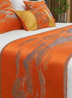 酒店床旗床尾巾美式轻奢床盖橙色床旗民宿公寓家用床巾样板房床毯