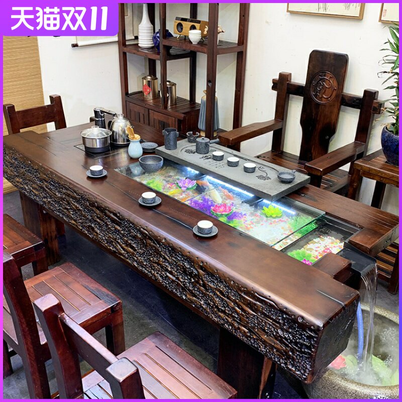 老新款铮舍单桌船木实木茶桌椅组合创意循环流水缸茶台一体泡茶几