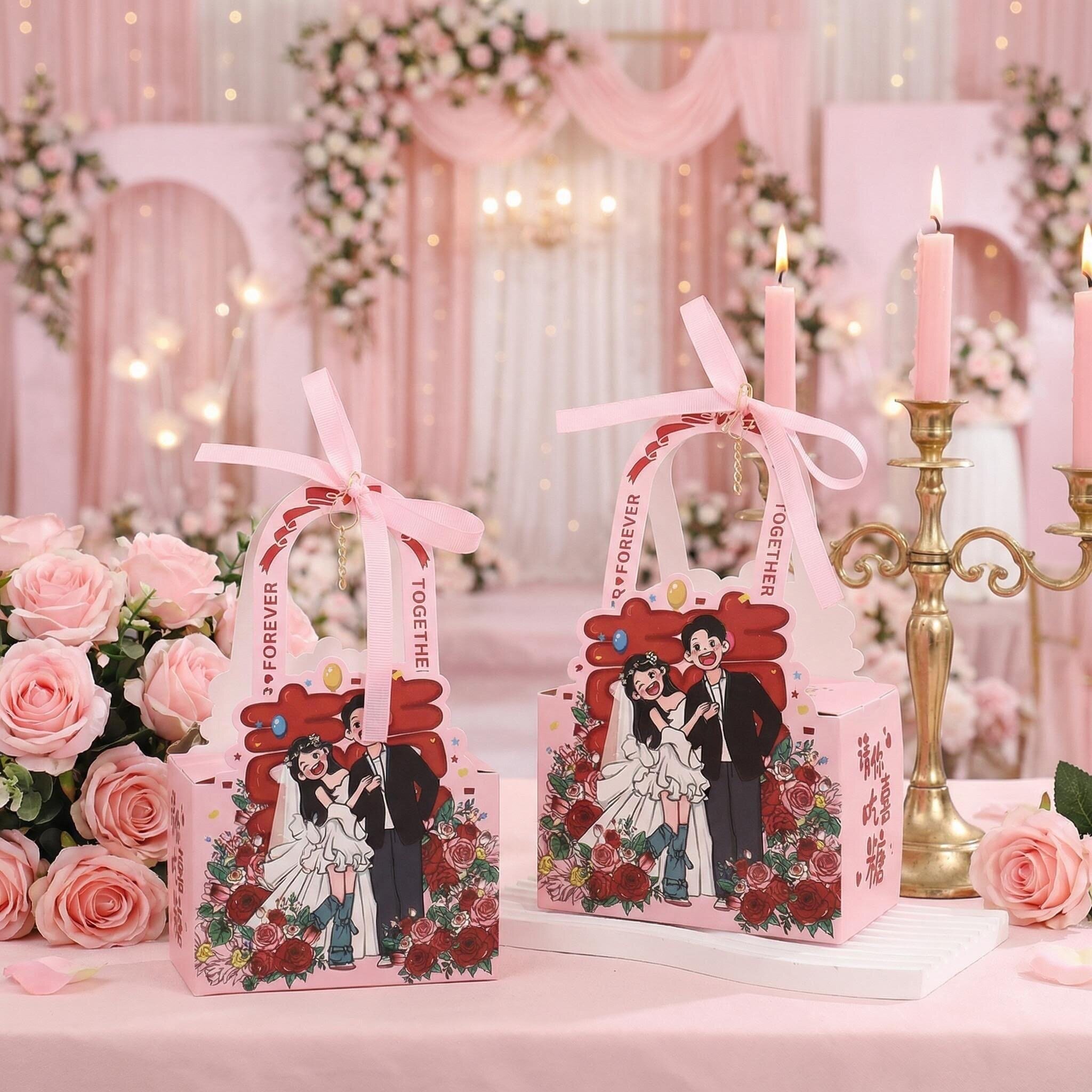 2026新款粉色喜糖盒立体双喜手绘卡通新人手提糖果包装盒伴手礼盒