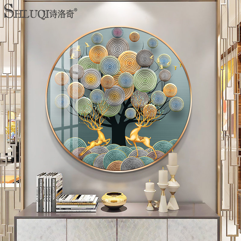 晶贝画入户玄关装饰画圆形轻奢餐厅进门走廊壁画鹿镶钻晶瓷画led