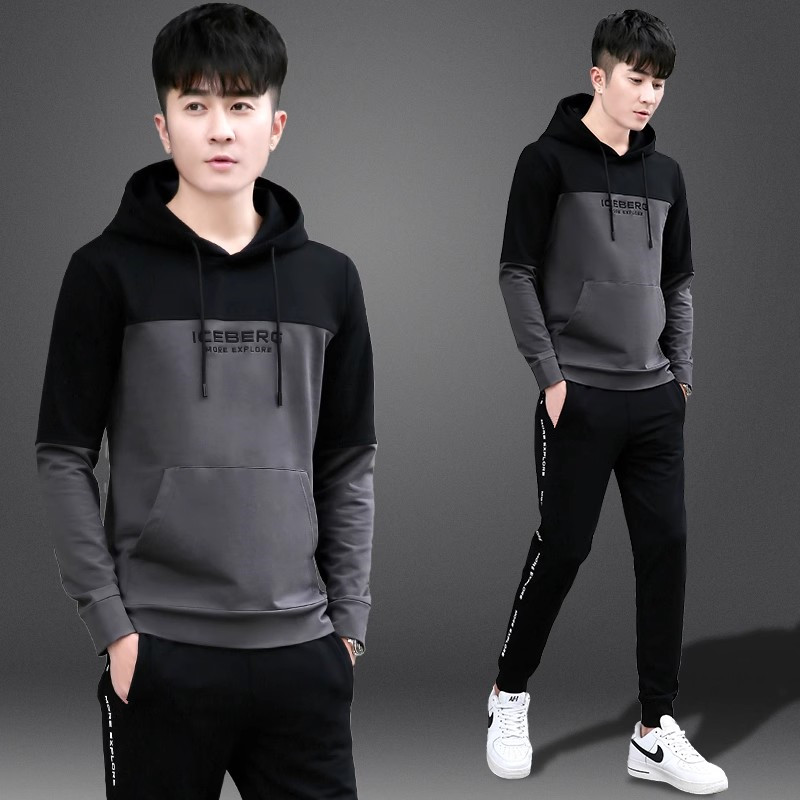新款男士运动服春秋男装休闲跑步两件套拼接学生卫衣青少年套装潮