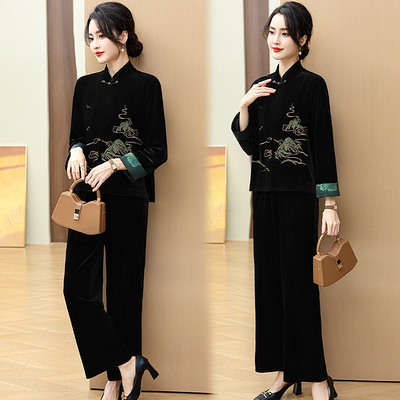 中老年妈妈刺绣上衣裤子两件套