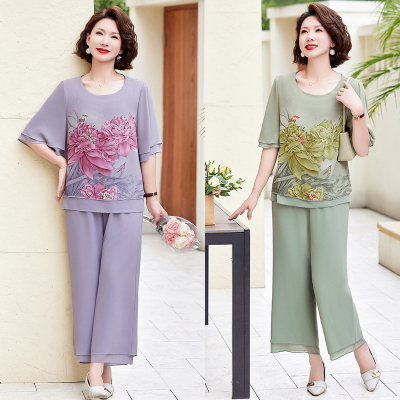中老年妈妈印花上衣裤子两件套潮