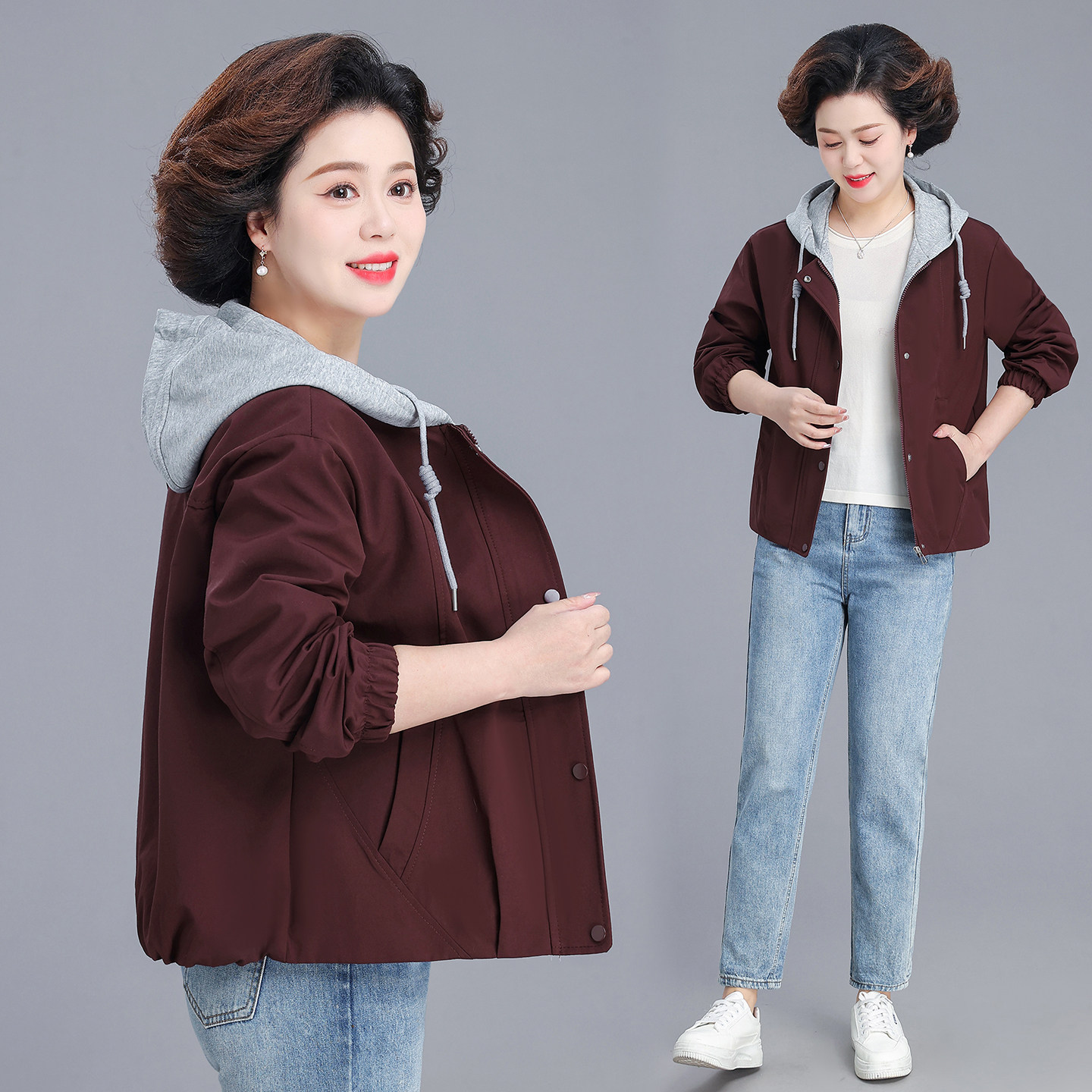 妈妈春装连帽外套2026新款中老年女装洋气风衣小个子上衣50岁夹克