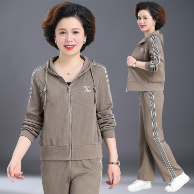 中老年妈妈连帽上衣裤子两件套潮