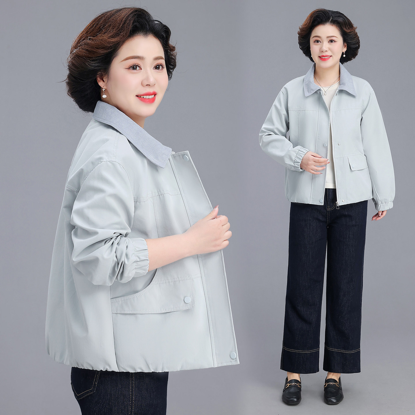 妈妈春装宽松外套中年纯色夹克女