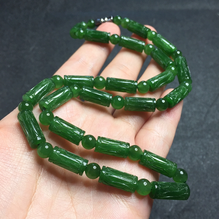 天然和田玉山料俄罗斯碧玉菠菜绿圆桶圆珠项链吊坠正品玉石