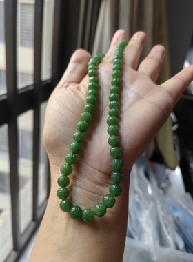 和田玉碧玉项链8mm莲花珠女款妈妈链脖颈链菠菜绿项链玉珠子链子