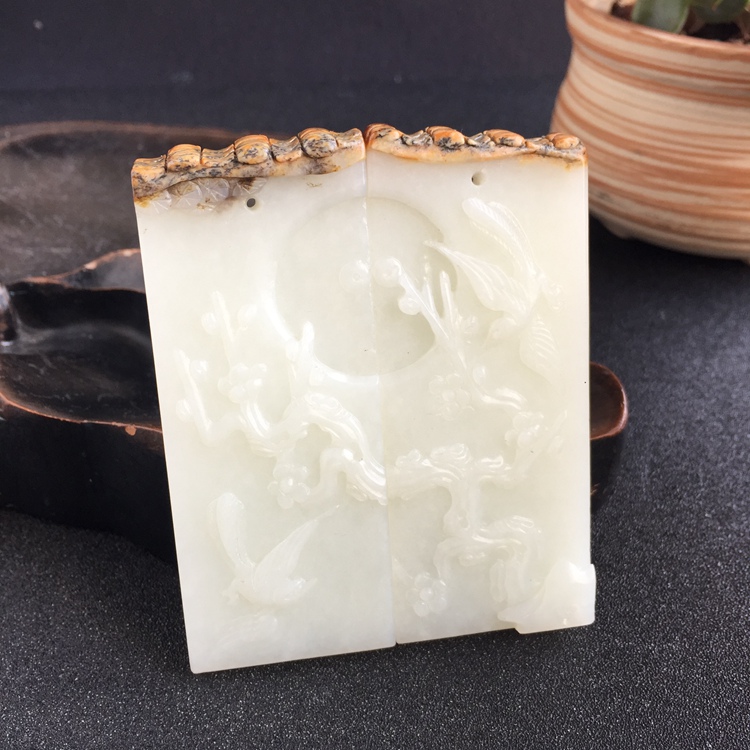 和田玉俄料灰皮料白玉喜上眉梢山料对牌真皮天然玉石牌吊坠保真