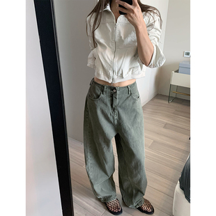 休闲牛仔裤 留下 显瘦梨形极简连腰时髦宽松九分直筒裤 新款 女 1992