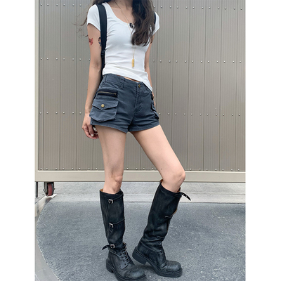 夏季灰色重工水洗工装短裤女