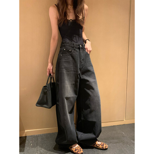 留下1992早春复古高腰阔腿裤垂感显瘦宽松牛仔裤女重工水洗弯刀裤