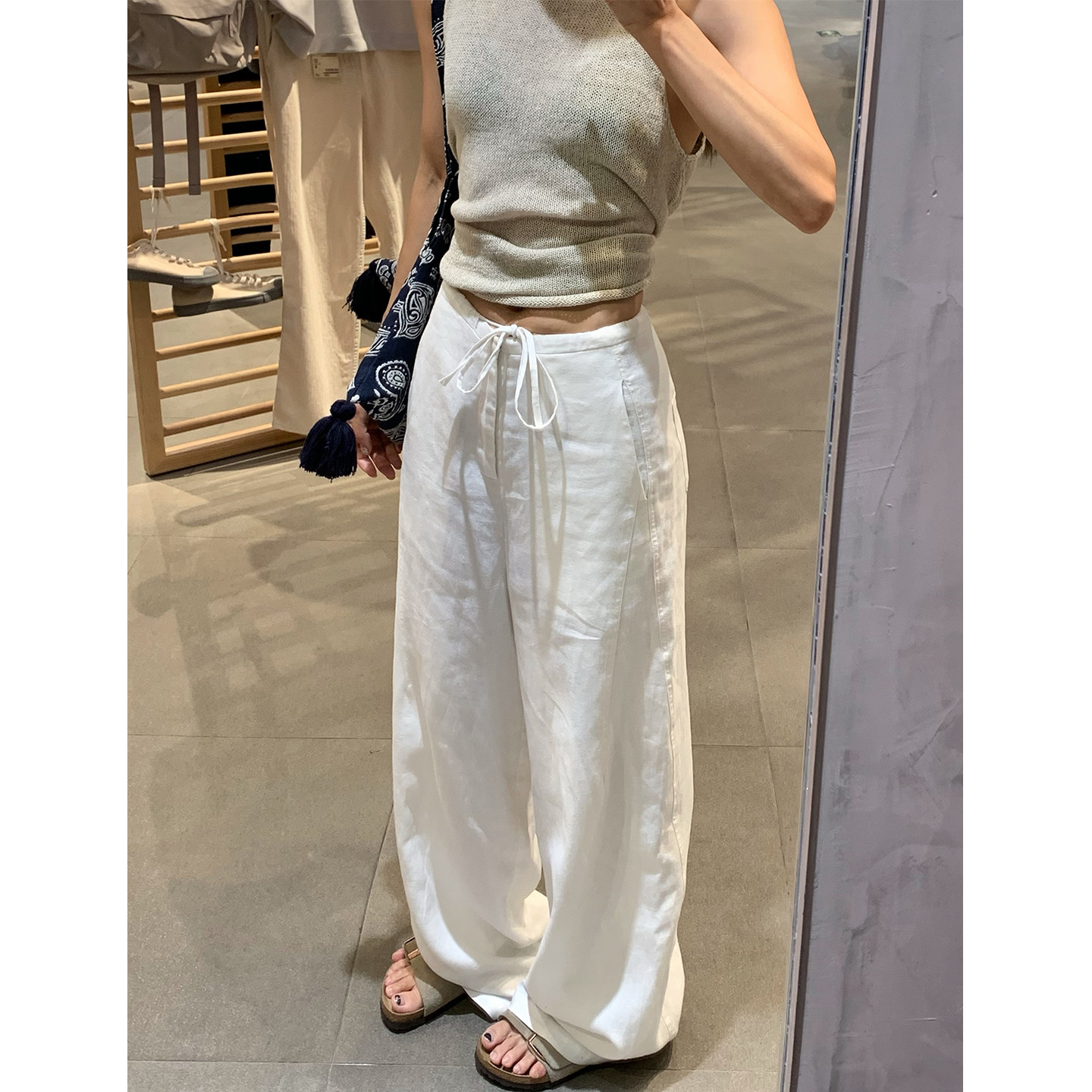 留下 1992 夏季薄款高腰显瘦宽松直筒裤子女白色亚麻窄版阔腿裤女