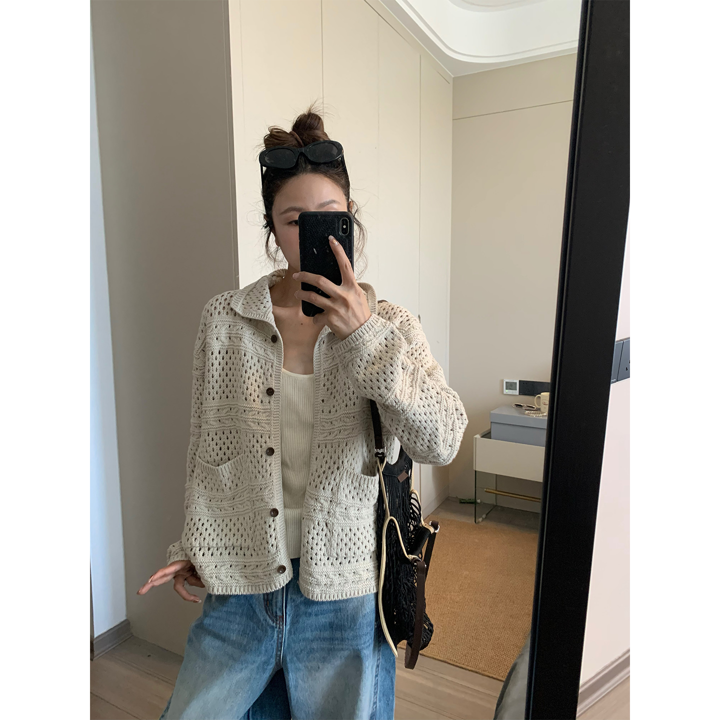 早秋复古钩花镂空针织开衫女