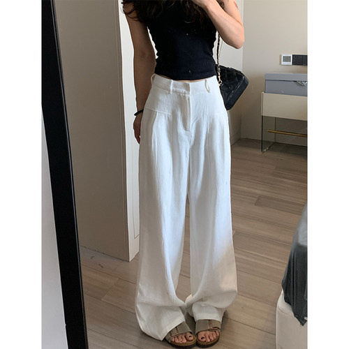 夏季薄款白色亚麻直筒阔腿裤女